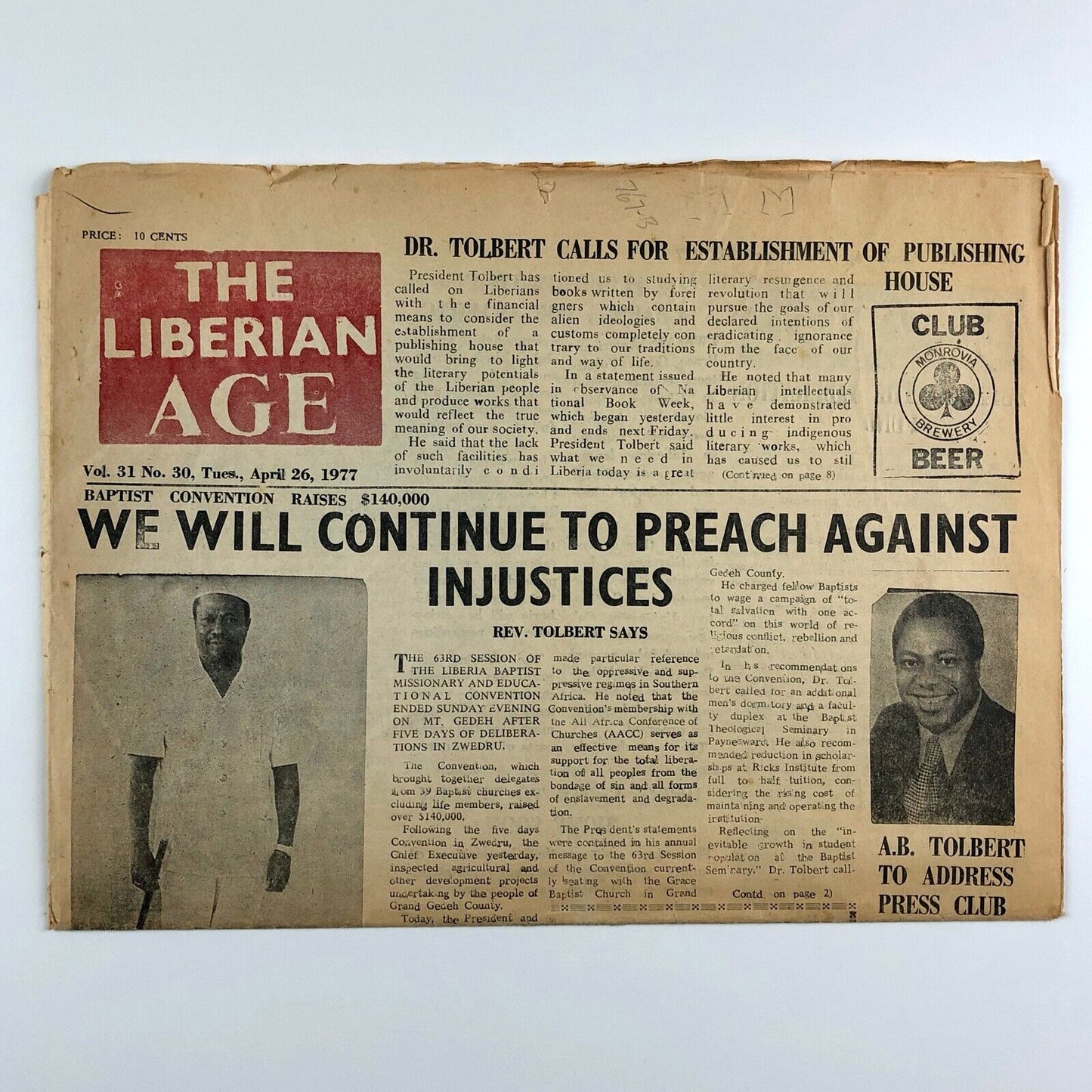 The Liberian Age newspaper | Vol. 31, No. 30, Tuesday April 26, 1977 Dr Tolbert
