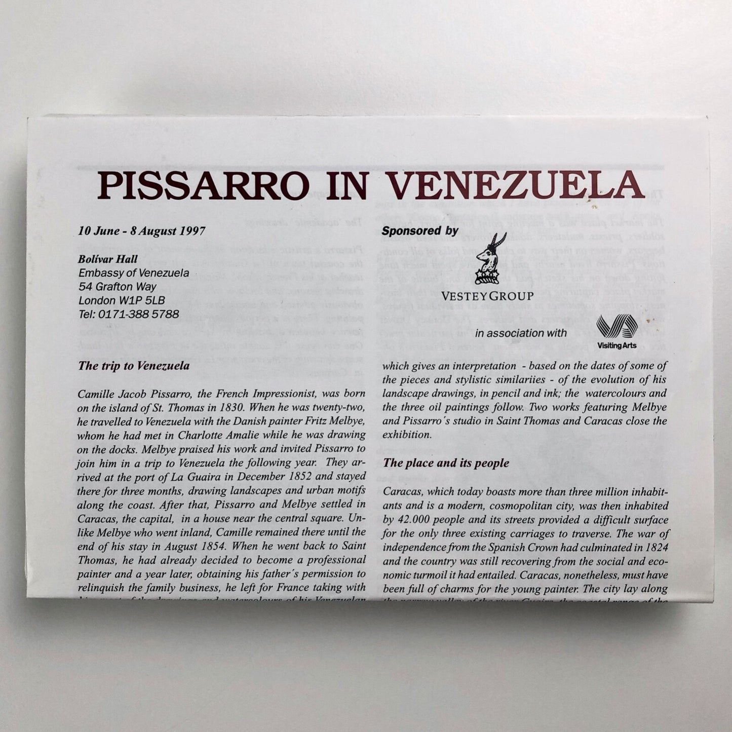 Pissarro in Venezuela – event leaflet and family tree card | Bolivar Hall, 1997