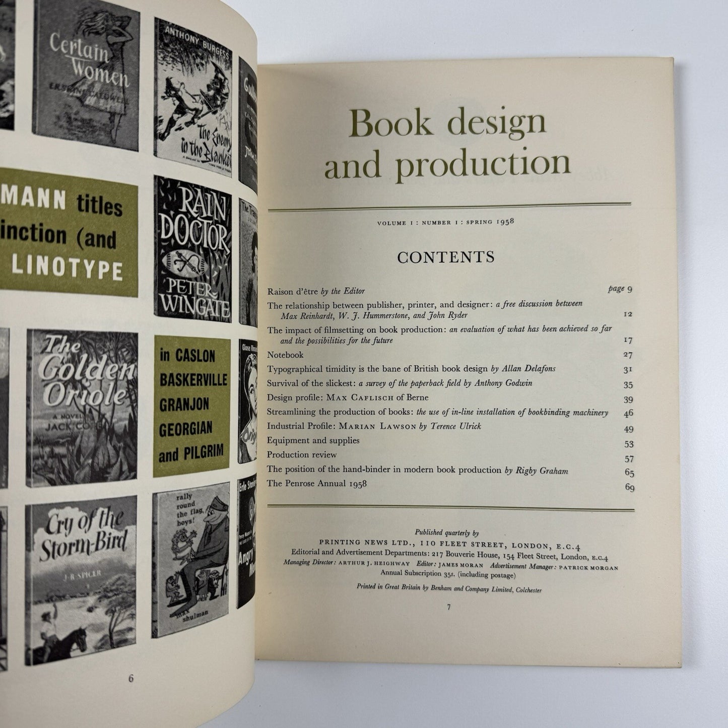 Book Design and Production | Vol 1 No 1 Spring 1958 | Printing News Ltd | Edited by James Moran