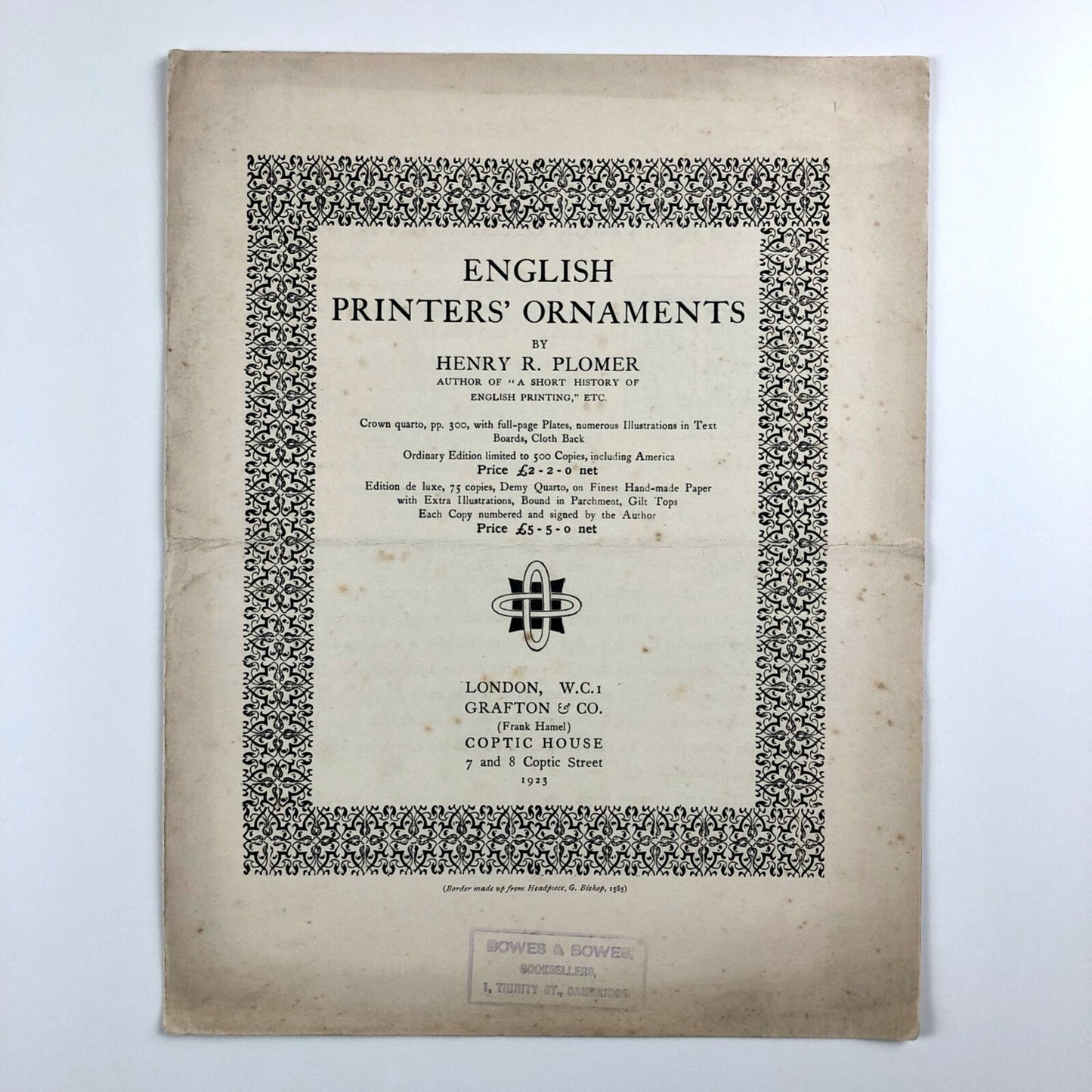 Prospectus for English Printers’ Ornaments Henry R. Plomer | Grafton & Co 1923