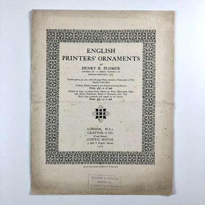 Prospectus for English Printers’ Ornaments Henry R. Plomer | Grafton & Co 1923
