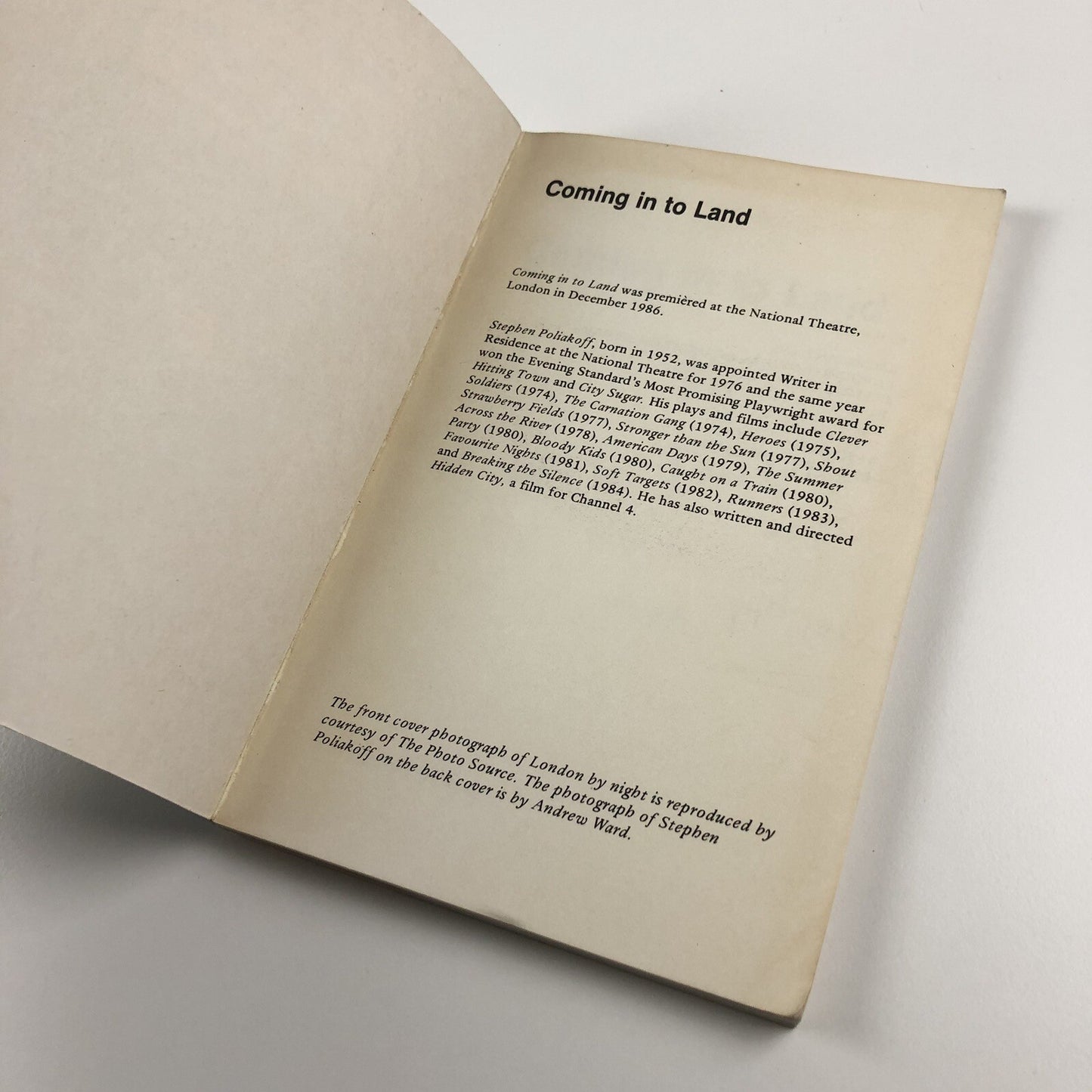 Coming in to Land by Stephen Poliakoff | Methuen, 1986 signed