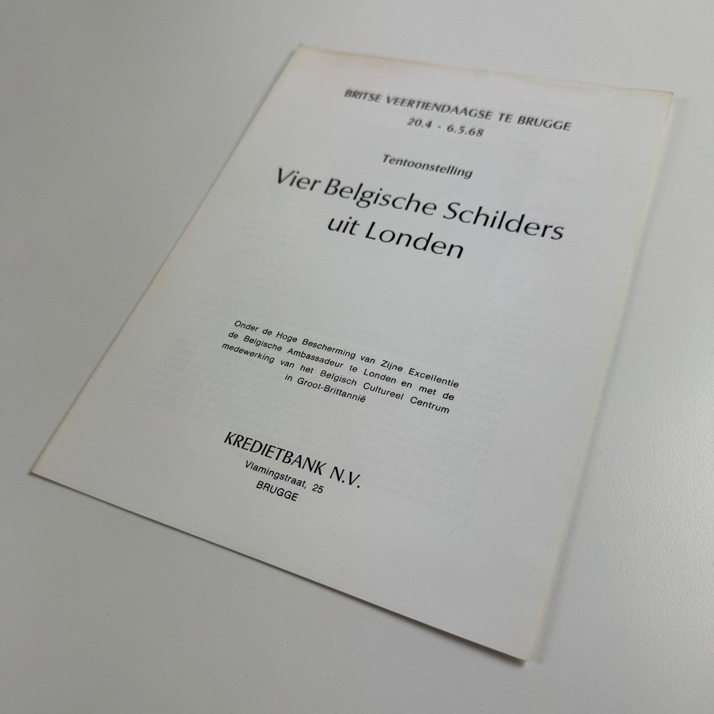 Leaflet Vier Belgische Schilders uit Londen (Four Belgian Painters from London) | Marcelle van Caillie, Maurice Jadot, E.L.T. Mesens, Willi Rondas | Britse Veertiendaagse te Brugge 1968