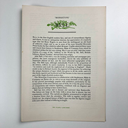 Bell type specimen leaflet | Monotype Corporation, undated