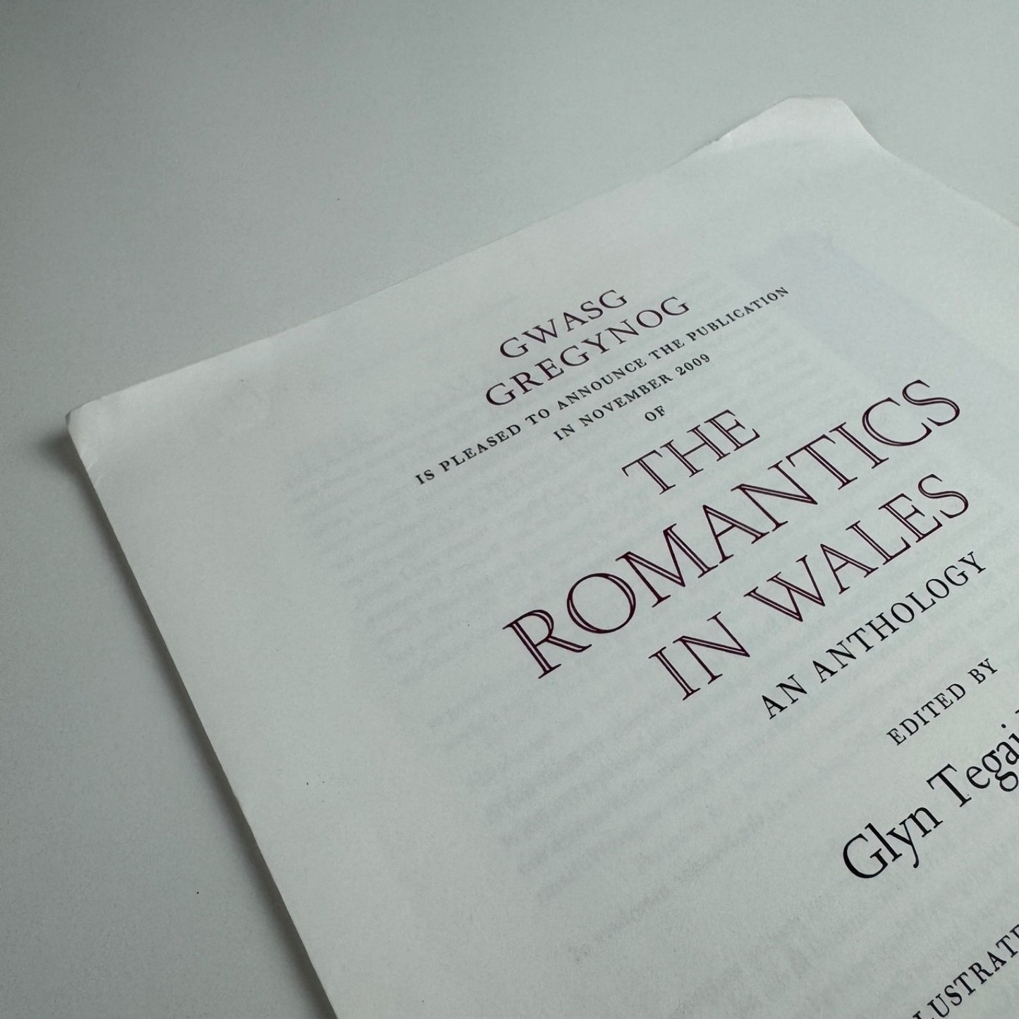 Prospectus for The Romantics in Wales edited by Glyn Tegai Hughes, wood engravings by Hilary Paynter Gregynog 2009