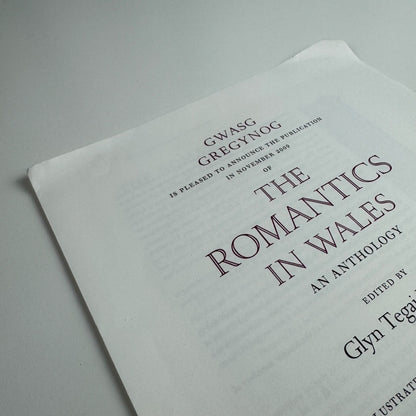 Prospectus for The Romantics in Wales edited by Glyn Tegai Hughes, wood engravings by Hilary Paynter Gregynog 2009
