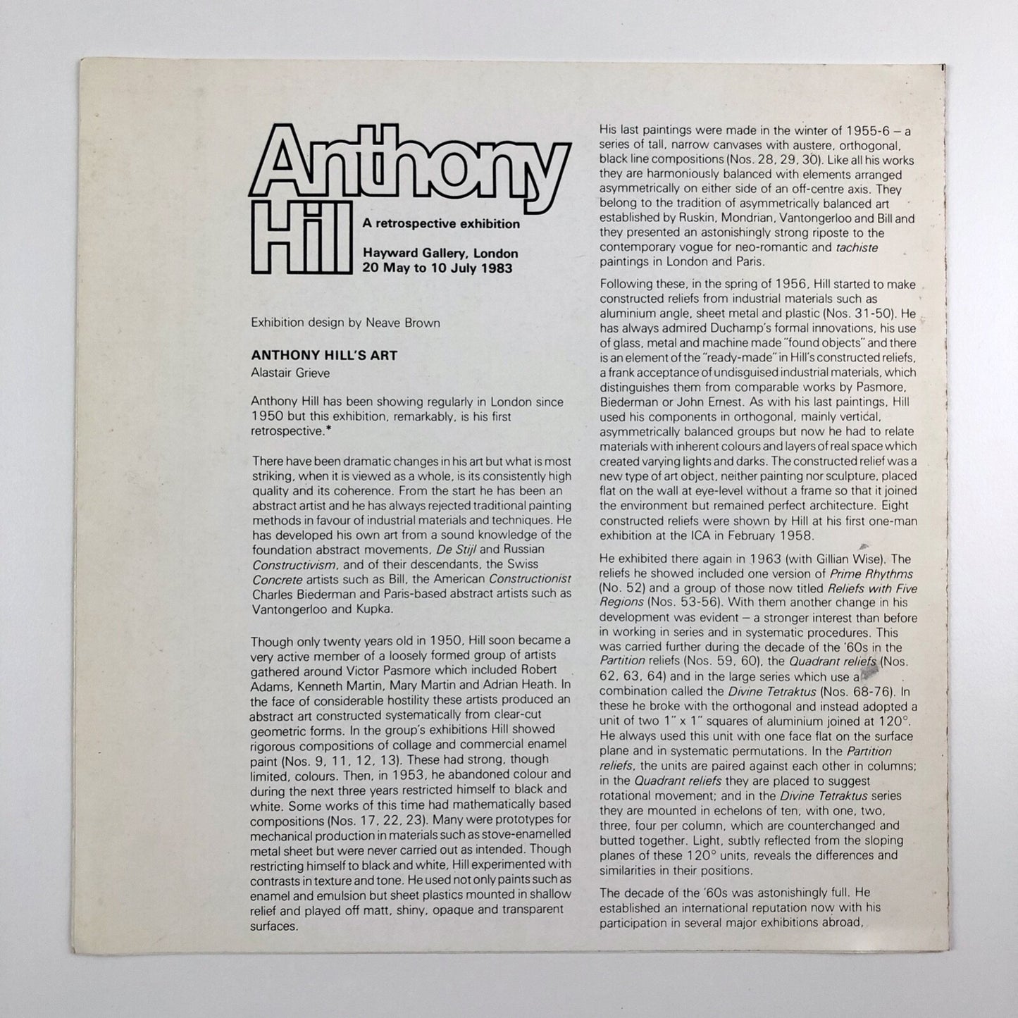 Anthony Hill. A retrospective exhibition – Hayward Gallery folded leaflet, 1983