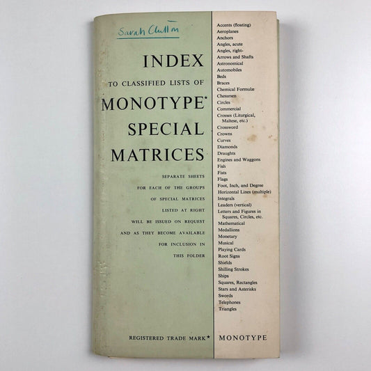 Index to Classified Lists of Monotype Special Matrices | Folder & type specimens