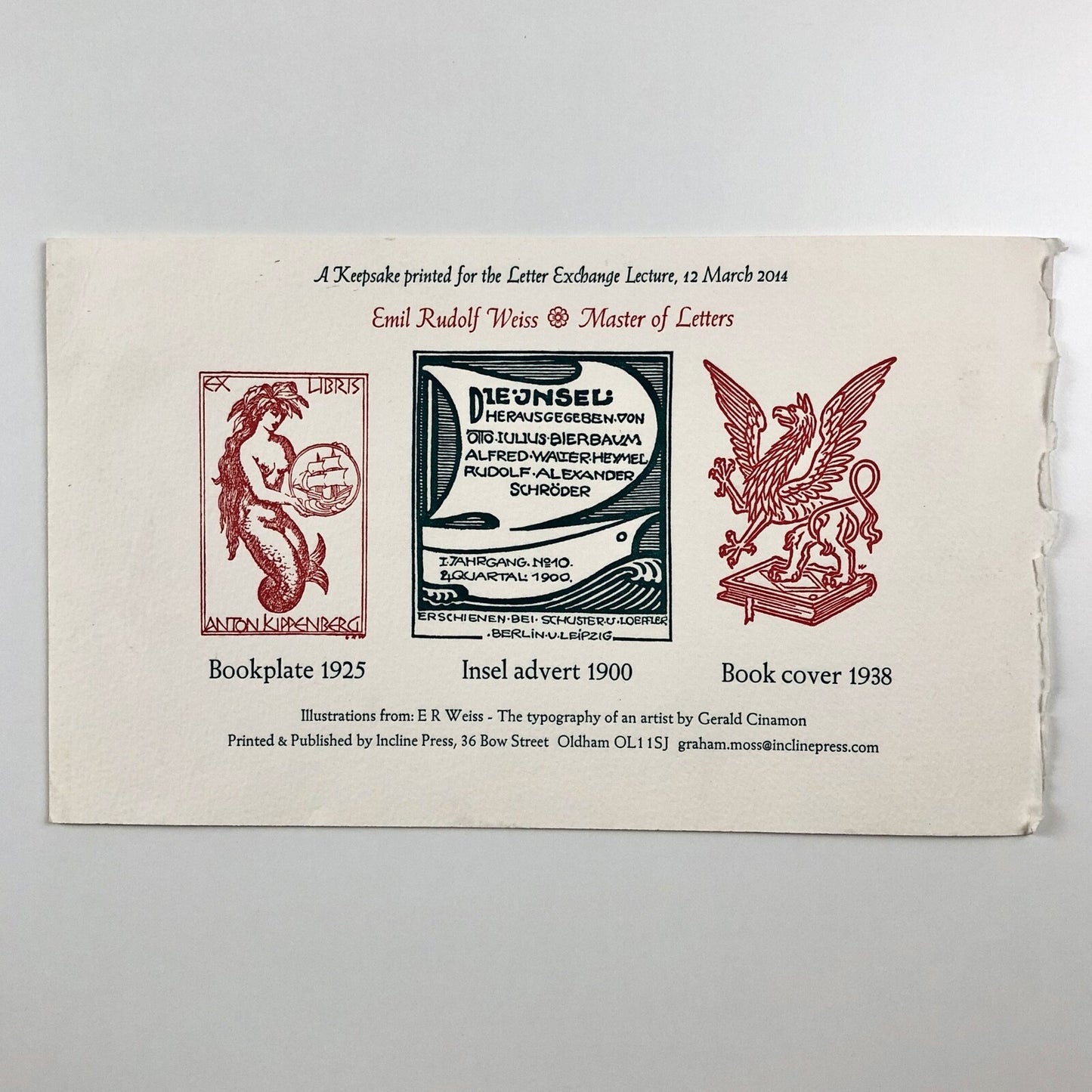 Keepsake for the Letter Exchange – Lecture 12 March 2014 | Emil Rudolf Weiss