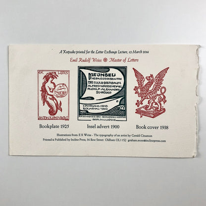 Keepsake for the Letter Exchange – Lecture 12 March 2014 | Emil Rudolf Weiss
