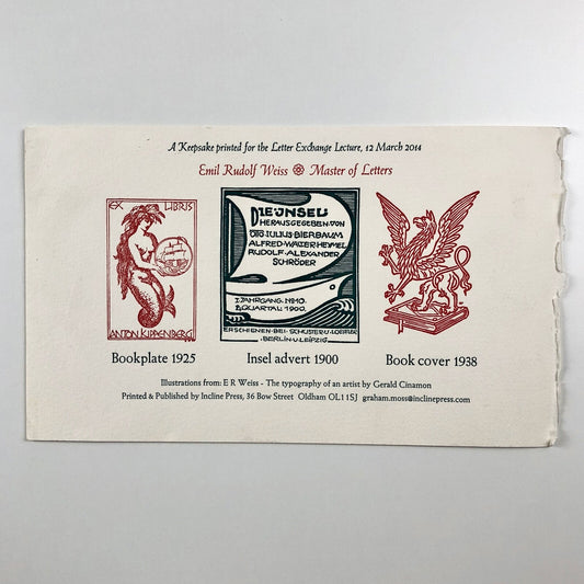 Keepsake for the Letter Exchange – Lecture 12 March 2014 | Emil Rudolf Weiss