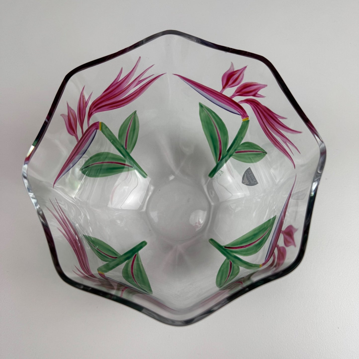 Glass bowl by Orrefors | Swedish, Birds of Paradise flower motif by Eva Englund, believed to be 1980s