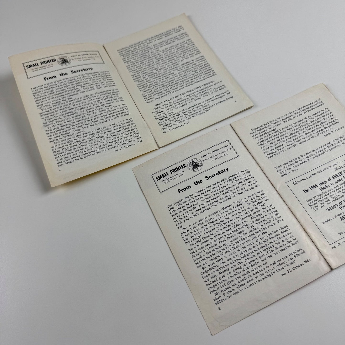 Small Printer x 2 issues nos 21 and 22 for September and October 1966, includes article on type art