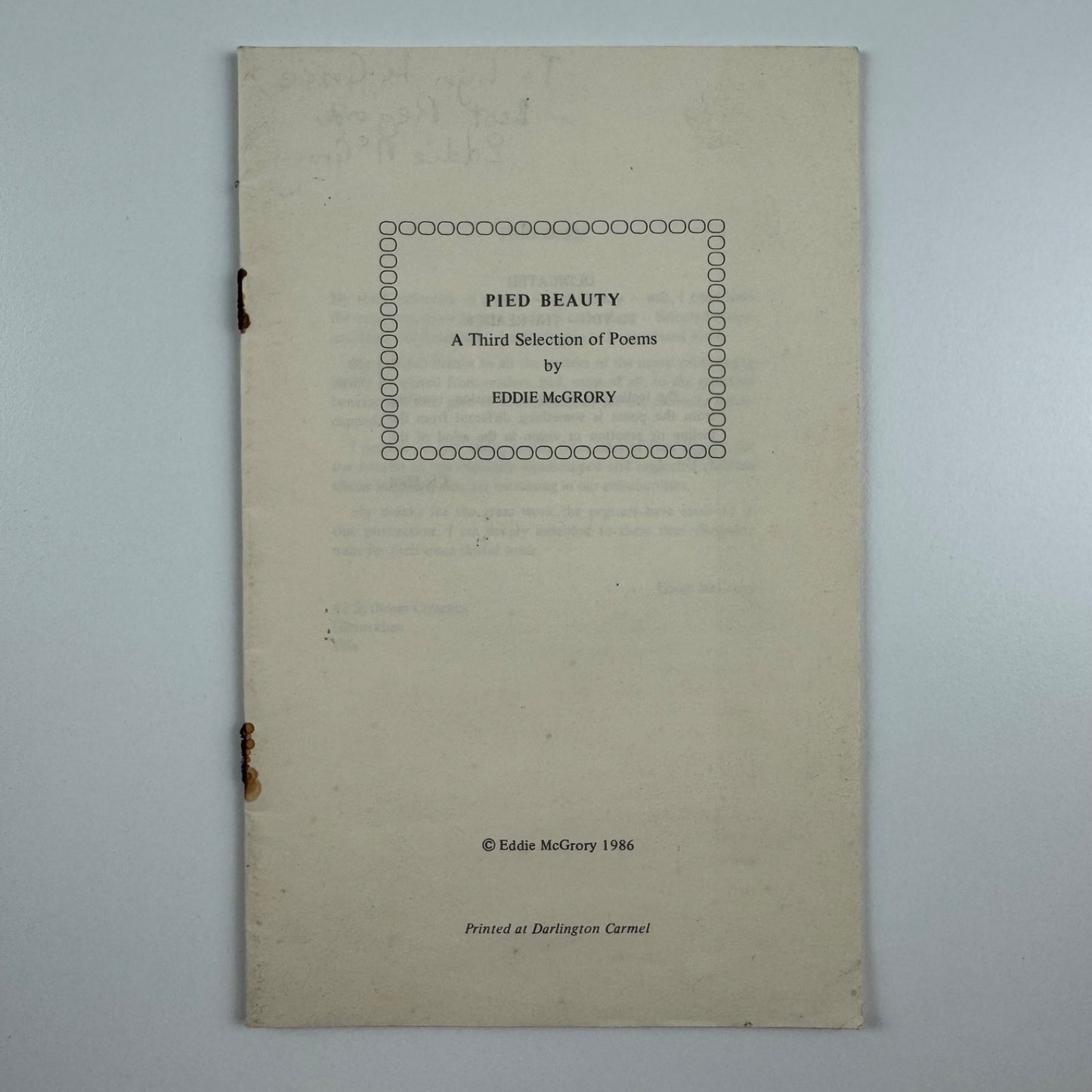 Pied Beauty. A Third Selection of Poems by Eddie McGrory signed 1986 to Lyn Le Grice