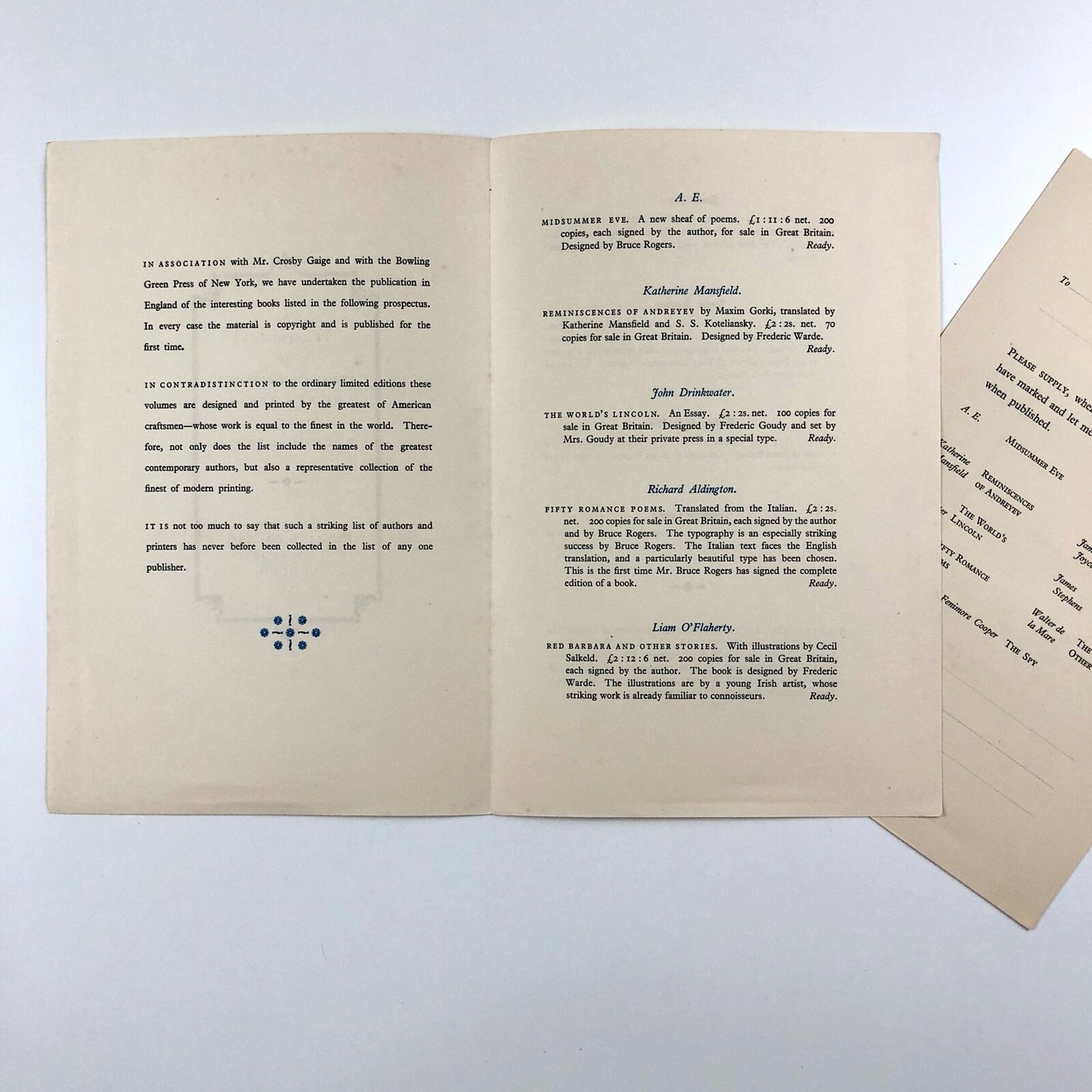 Prospectus leaflet – New Works by Modern Authors | Dulau / Crosby / Gaige | Bowling Green Press