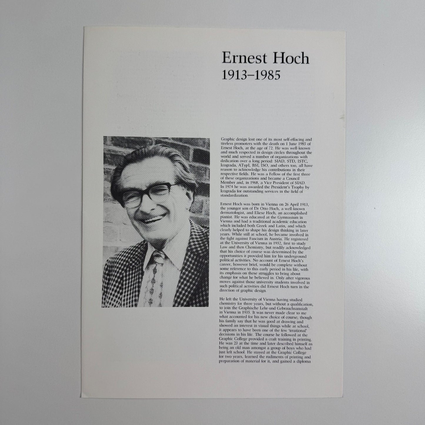 Obituary for Ernest Hoch by Michael Twyman, Department of Typography & Graphic Communication,  University of Reading, June 1985