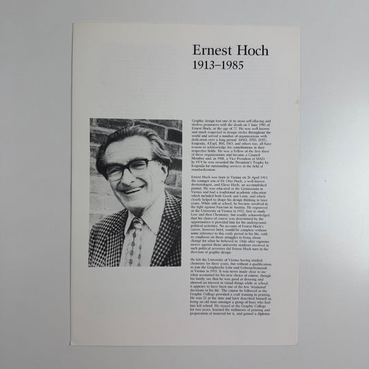 Obituary for Ernest Hoch by Michael Twyman, Department of Typography & Graphic Communication,  University of Reading, June 1985