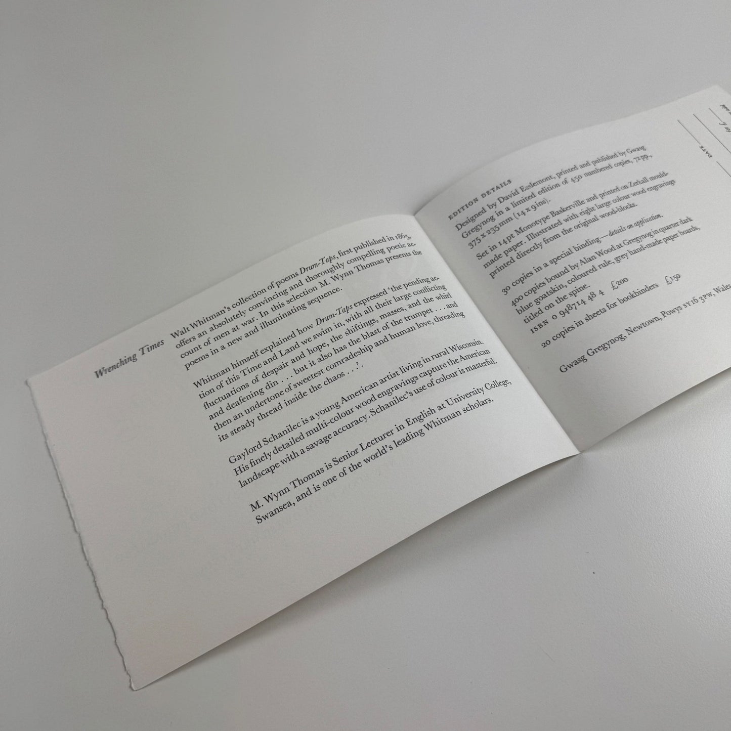 Order form for Wrenching Times Poems from the drum-taps Walt Whitman, wood engravings by Gaylord Schanilec | Gwasg Gregynog