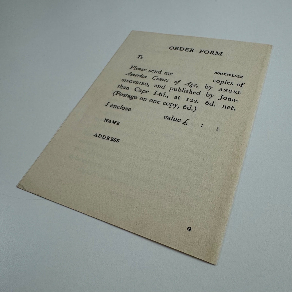Tiny leaflet/order form for America Comes of Age by André Siegfried Jonathan Cape c.1927