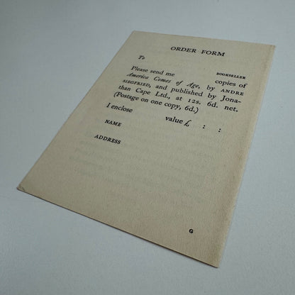Tiny leaflet/order form for America Comes of Age by André Siegfried Jonathan Cape c.1927