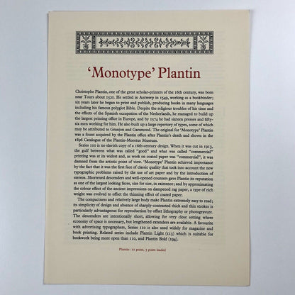 Monotype 'Plantin' type specimen leaflet | The Monotype Corporation | Undated