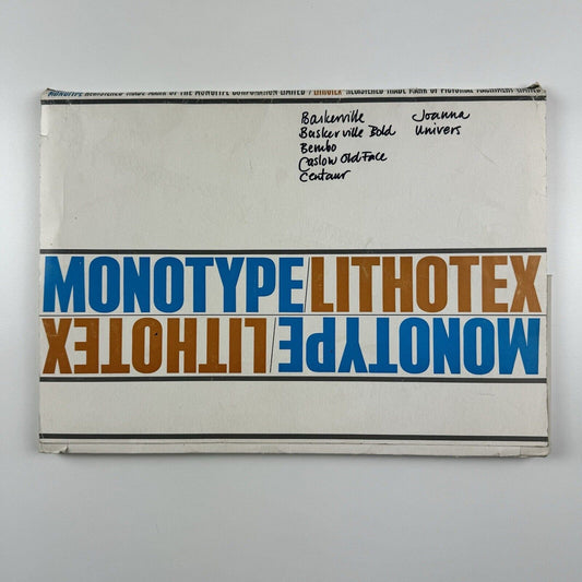 Monotype/Lithotex folder, containing 36 type specimen sheets | Baskerville, Bembo, Univers etc