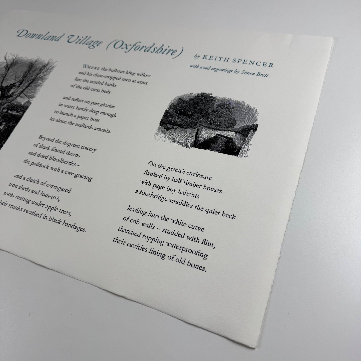 Broadsheet for the poem Downland Village (Oxfordshire) by Keith Spencer with wood engravings by Simon Brett.   Limited edition of 215 this being numbered 57 printed by Jonathan Stephenson at The Rocket Press in June 1990