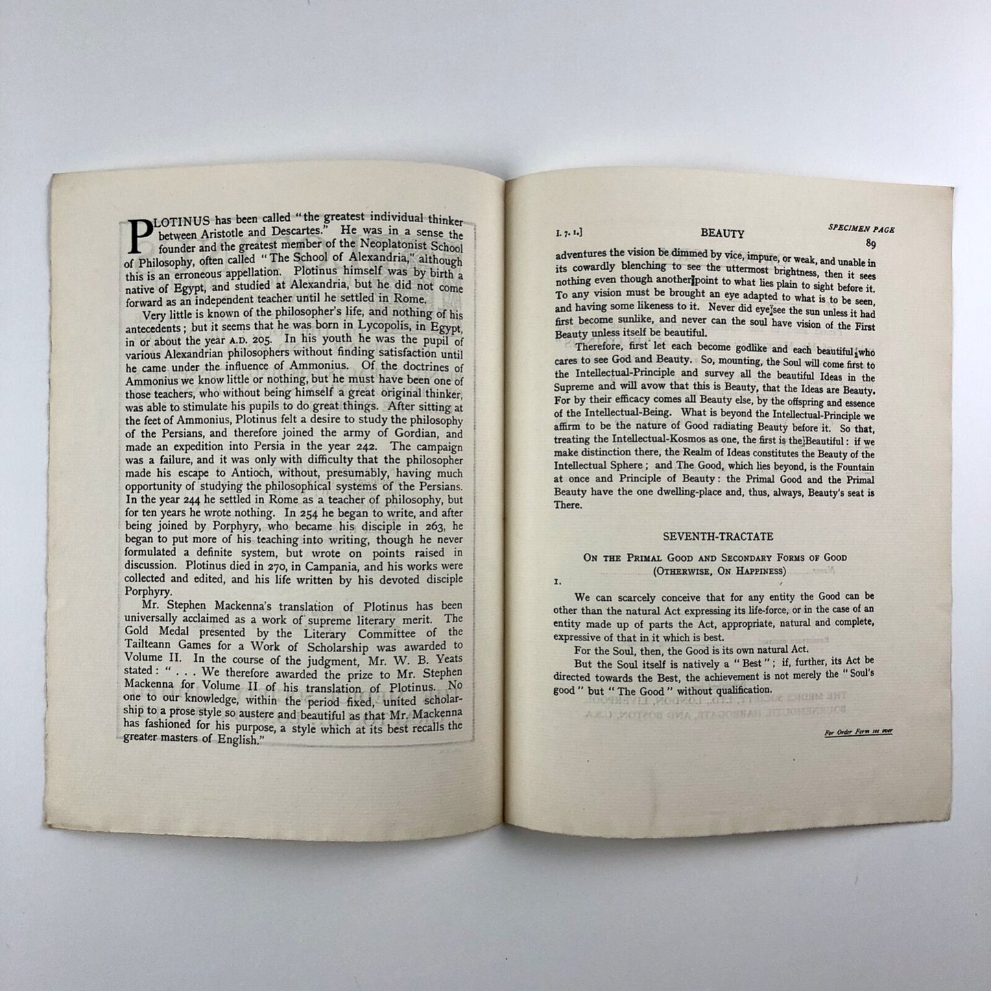 Prospectus for Plotinus trans Stephen Mackenna Medici Society 1924