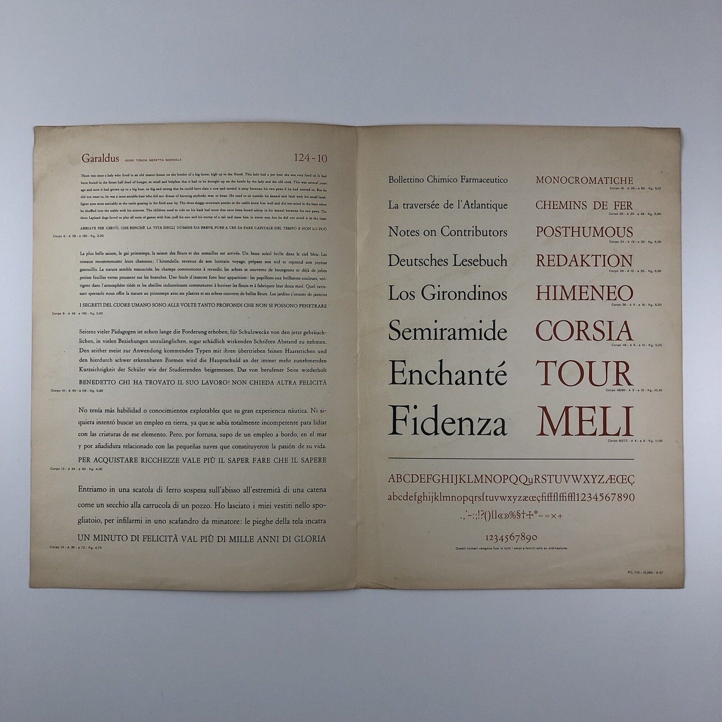 Garaldus type specimen | Societá Nebiolo, Torino | Design Aldo Novarase, possibly 1957
