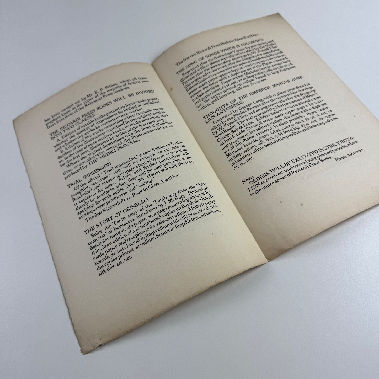 Prospectus of the Riccardi Press Books printed in the Riccardi fount designed by Herbert P. Horne. Philip Lee Warner | Medici Society Ltd, 1909