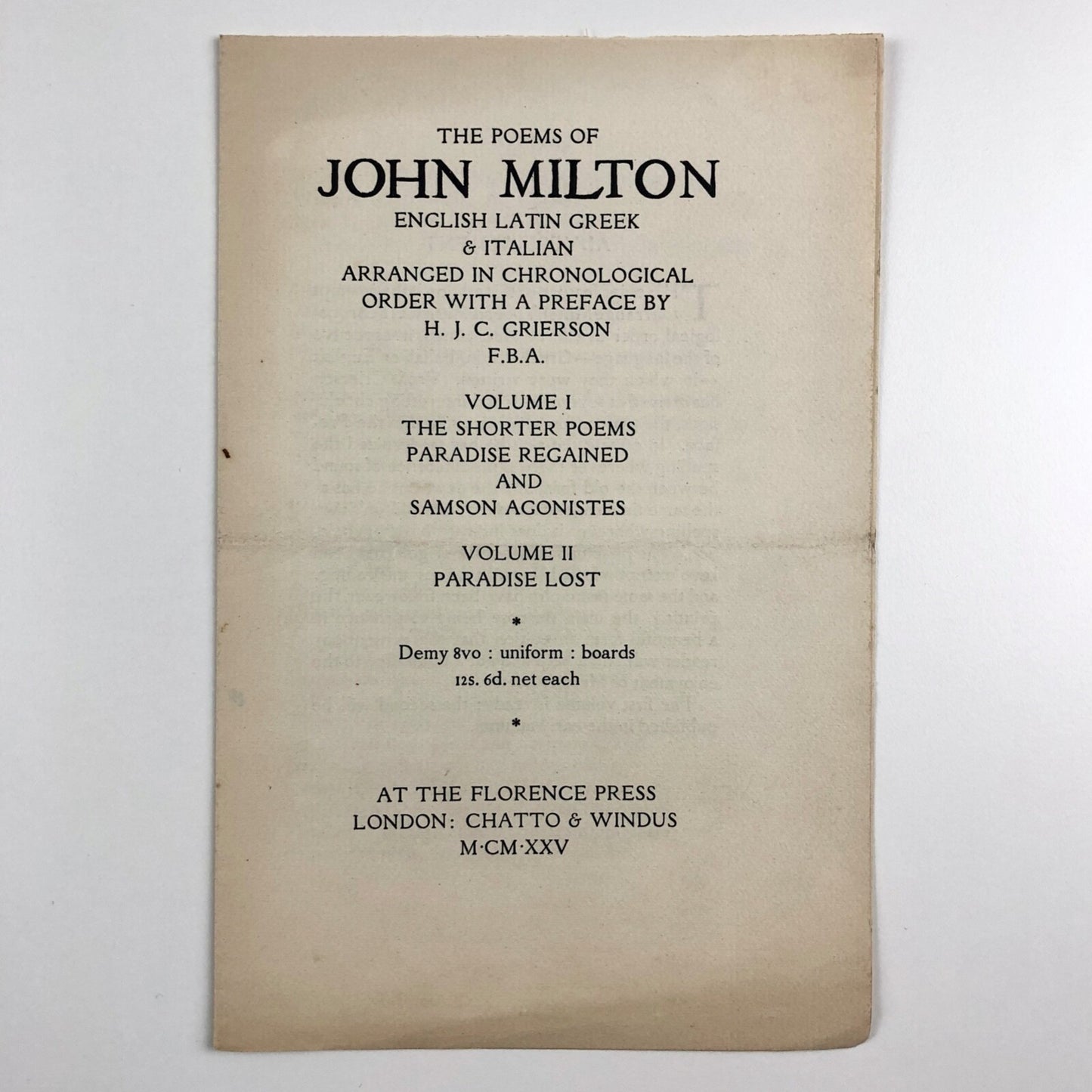 The Poems of John Milton prospectus / specimen page | Florence Press, Chatto & Windus, 1925