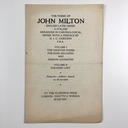 The Poems of John Milton prospectus / specimen page | Florence Press, Chatto & Windus, 1925