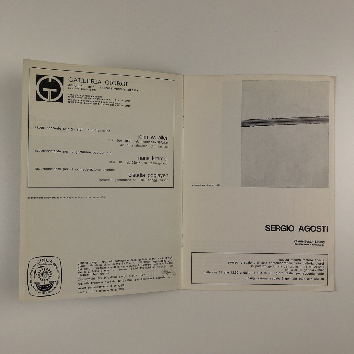 Sergio Agosti | Galleria Giorgi, Florence | July 1976 exhibition catalogue