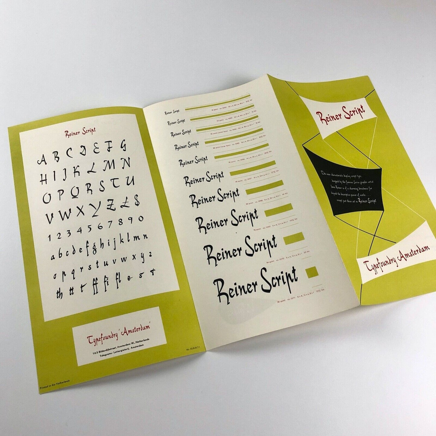 Type specimen leaflet 'Reiner Script' - Typefoundry Amsterdam | type design by Imre Reiner, undated, c. 1955