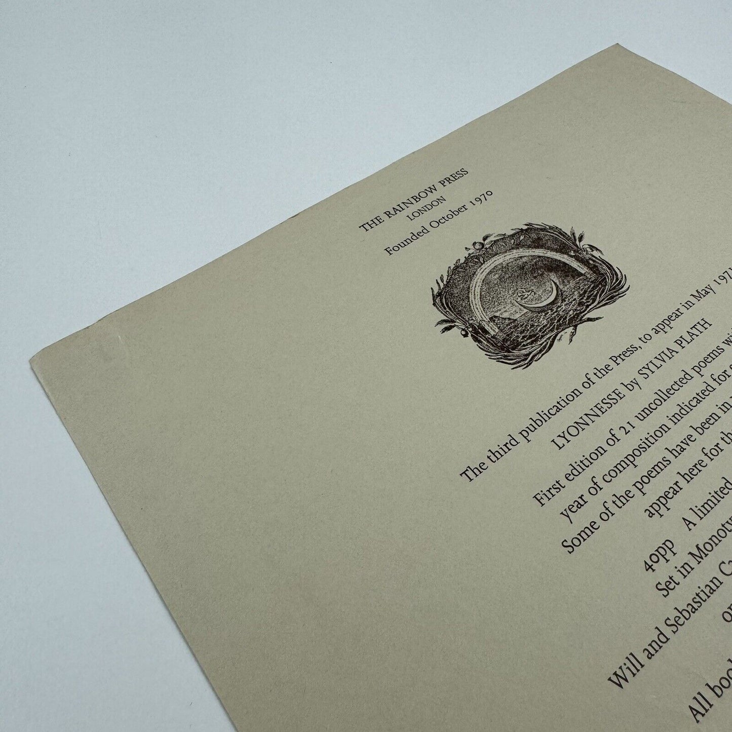 Order form for The Rainbow Press Lyonnesse by Sylvia Plath c.1971