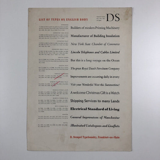List of Types on English Body | D. Stempel Type Foundry, Frankfurt type specimen leaflet