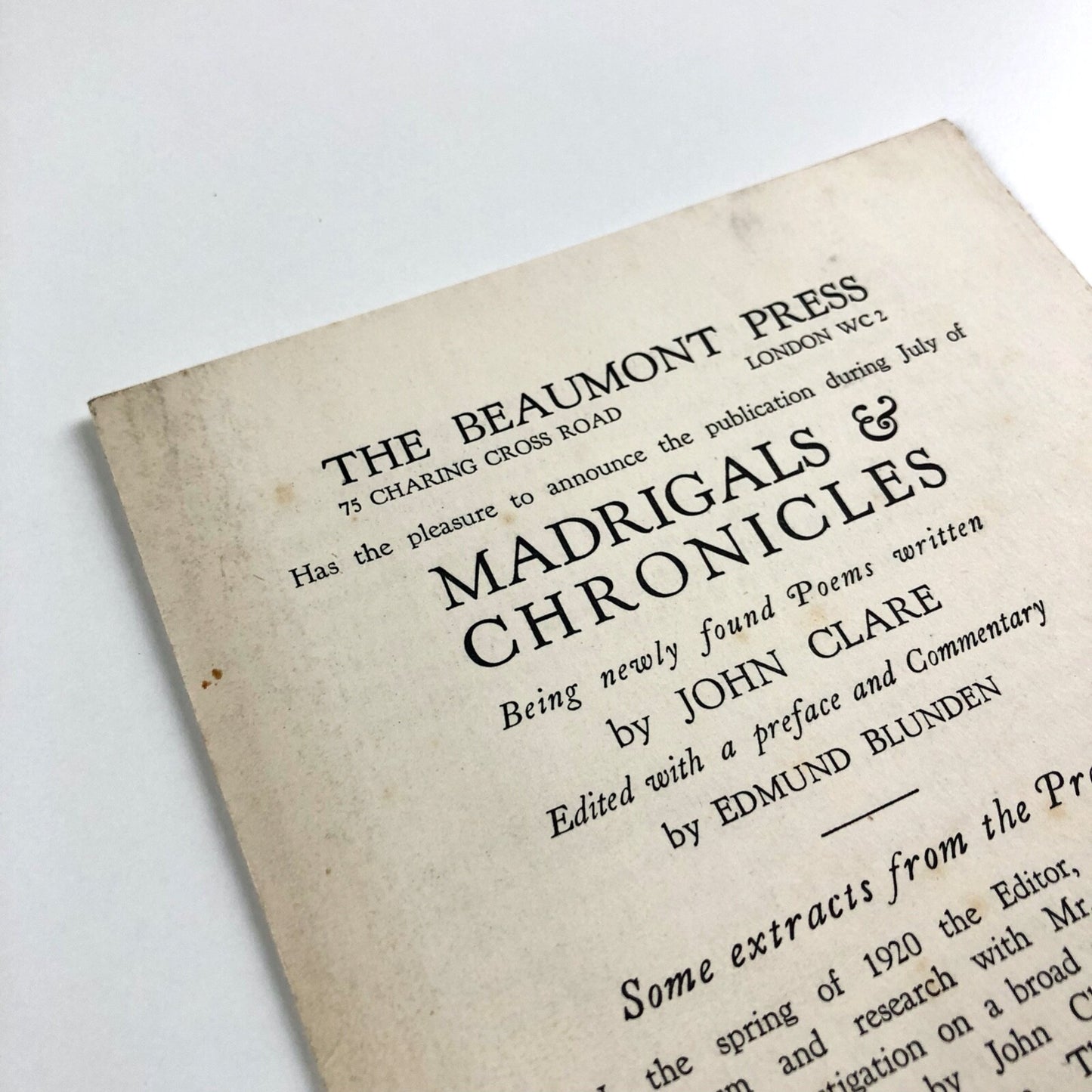 Prospectus for Madrigals & Chronicles by John Clare | The Beaumont Press c.1924