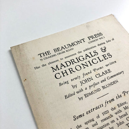 Prospectus for Madrigals & Chronicles by John Clare | The Beaumont Press c.1924