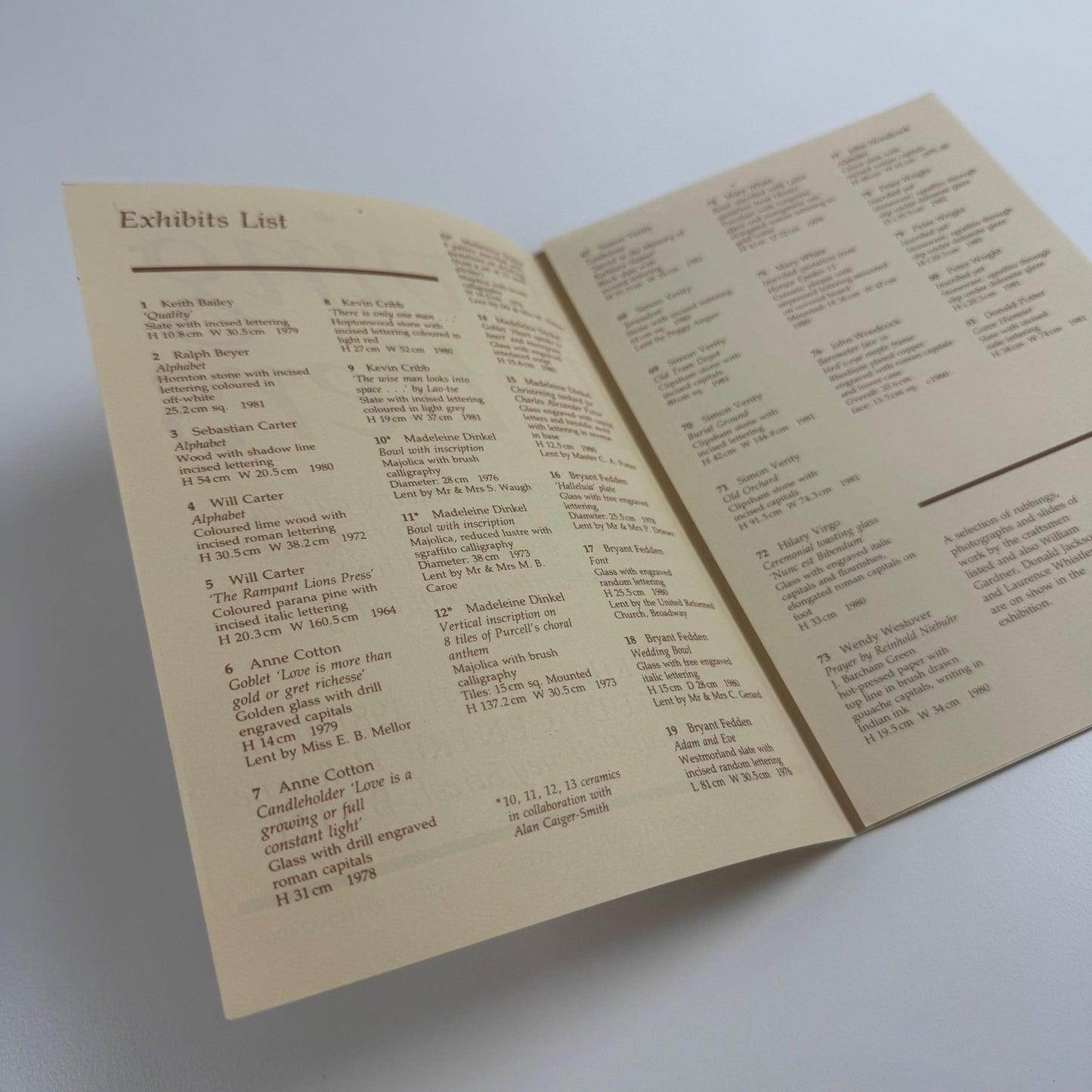 Leaflet Living Letters. A major exhibition showing cut, cast, engraved and painted lettering on stone, wood, glass, ceramics and textiles, by leading artist-craftsmen of today | Crafts Study Centre, Holburne Museum Bath 1981