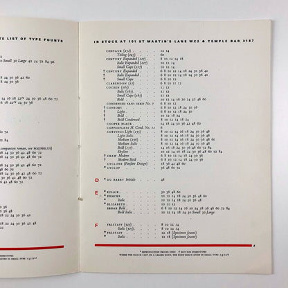 Type founts and sizes held at The Fanfare Press | Type specimen leaflet