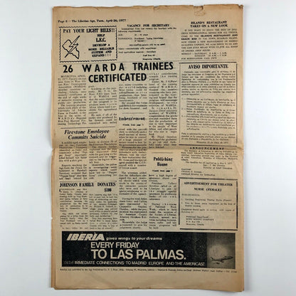 The Liberian Age newspaper | Vol. 31, No. 30, Tuesday April 26, 1977 Dr Tolbert