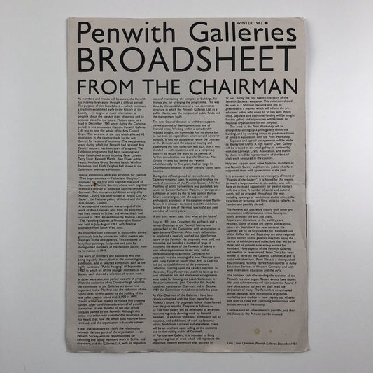 Penwith Galleries – Broadsheet from the Chairman | Winter, 1982