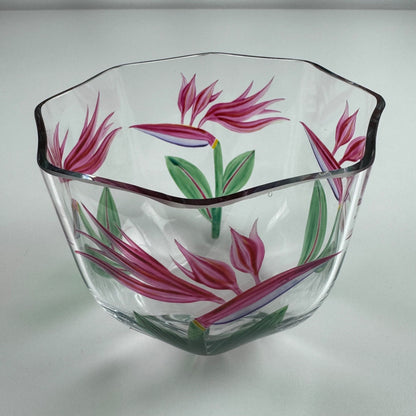 Glass bowl by Orrefors | Swedish, Birds of Paradise flower motif by Eva Englund, believed to be 1980s