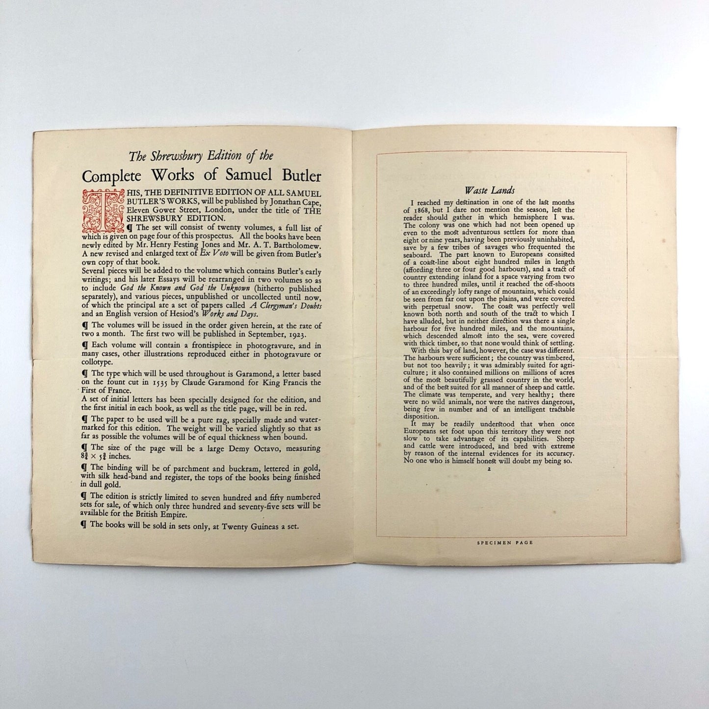 Prospectus – The Collected Works of Samuel Butler | Jonathan Cape, Shrewsbury Edition, 1923