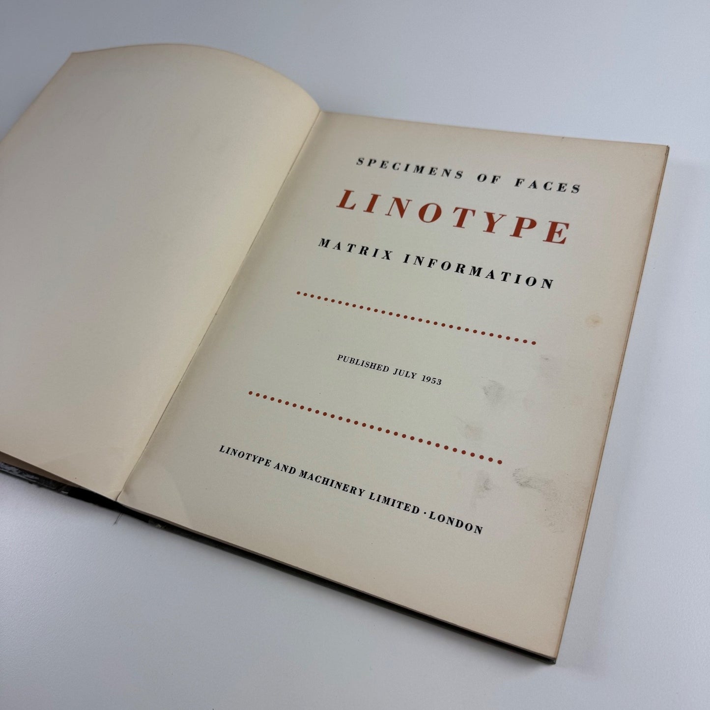 Specimens of Faces Linotype Matrix Information July 1953