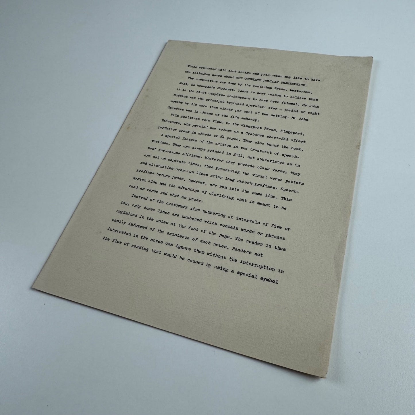 Leaflet: notes by Hans Schmoller on the Complete Pelican Shakespeare, c.1969