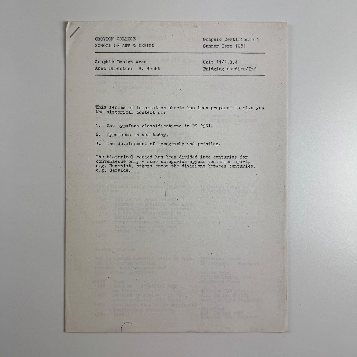 Information sheets from Croydon College School of Art & Design. Graphic Design Area. Area Director Herman Hecht Summer term 1981