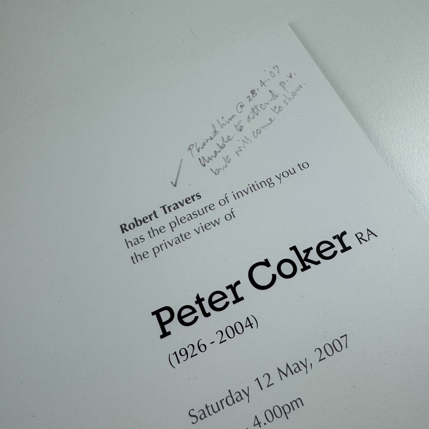 Private view invitation for Peter Coker RA | Piano Nobile 2007