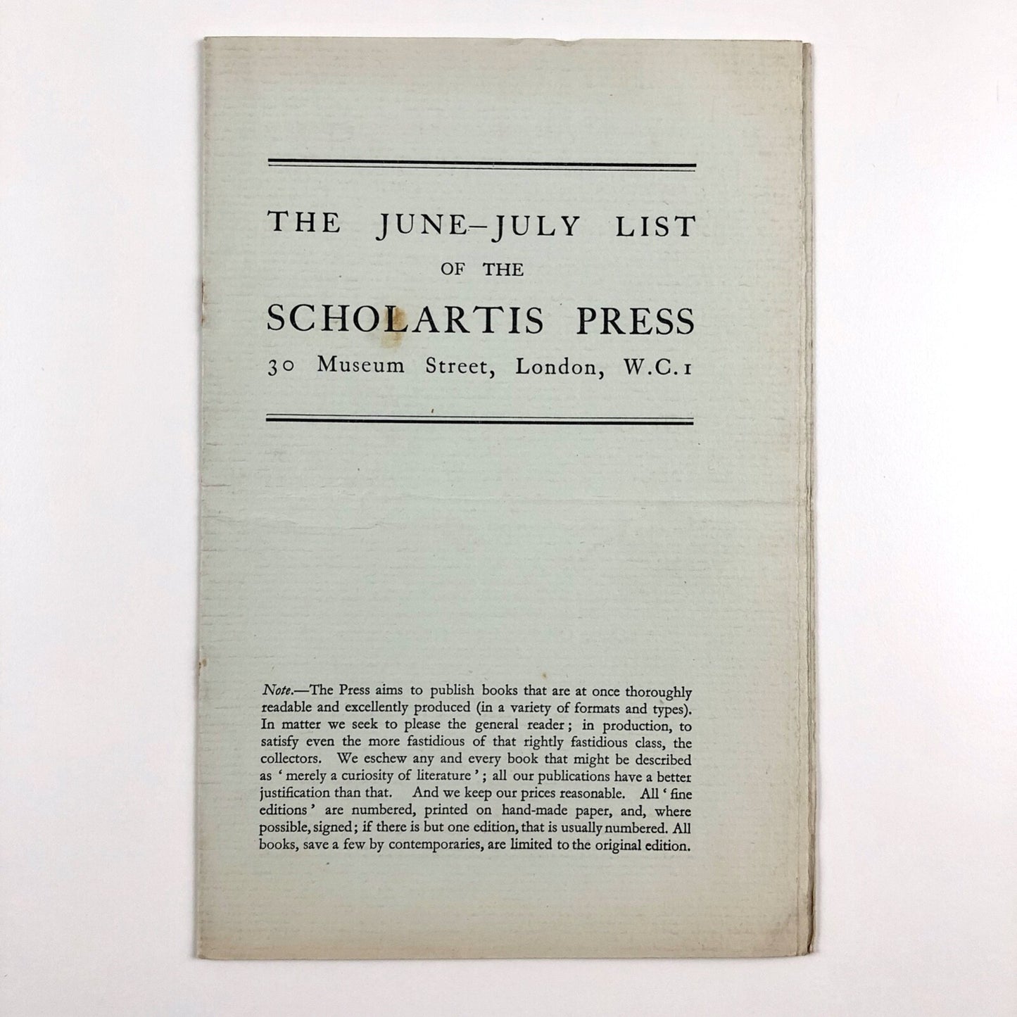 The June-July List of the Scholartis Press, 30 Museum Street | Eric Partridge | Undated, c.1928