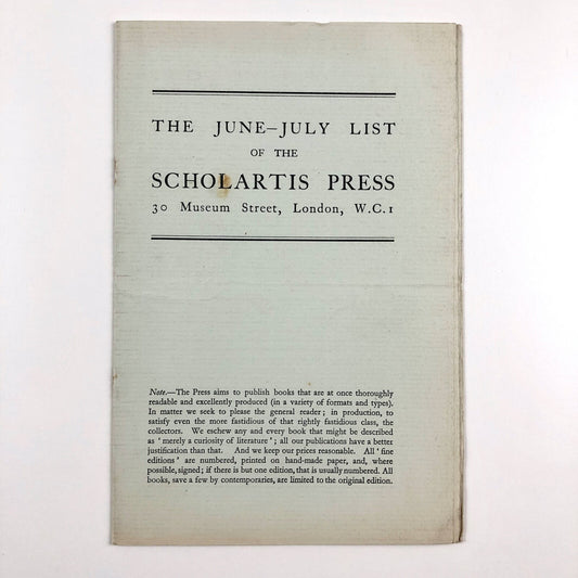 The June-July List of the Scholartis Press, 30 Museum Street | Eric Partridge | Undated, c.1928